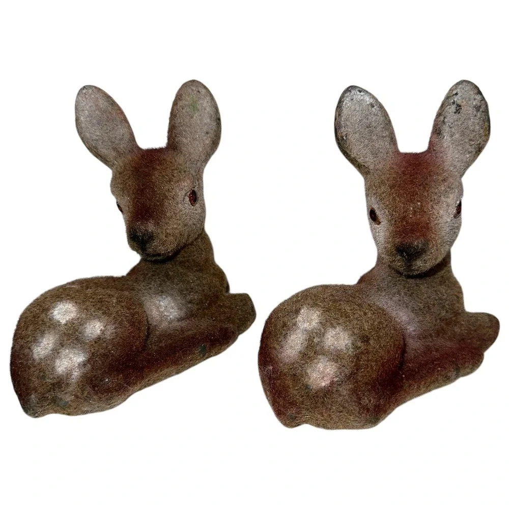 Lot 2 Vintage‎ Deer Fawn Velvet Flocked Figurines Figures Hong Kong